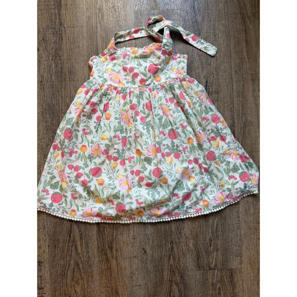 Sigrid Olsen Kids Floral Strawberry Halter Dress Size 7 Pink Green Pom Pom Trim - Picture 2 of 8